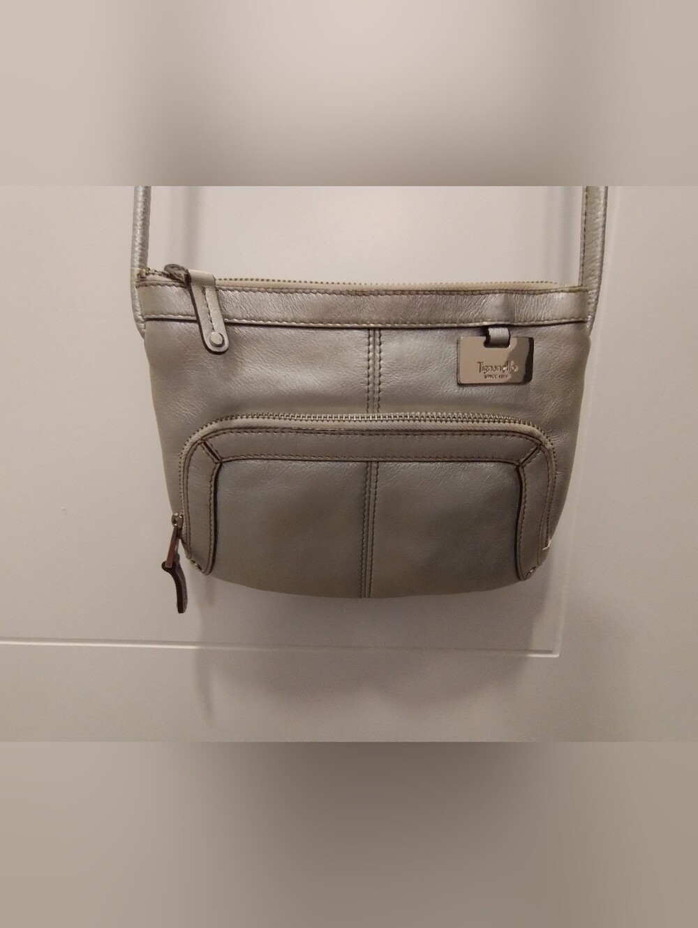 Tignanello Leather Crossbody Bag in Metalic Silver